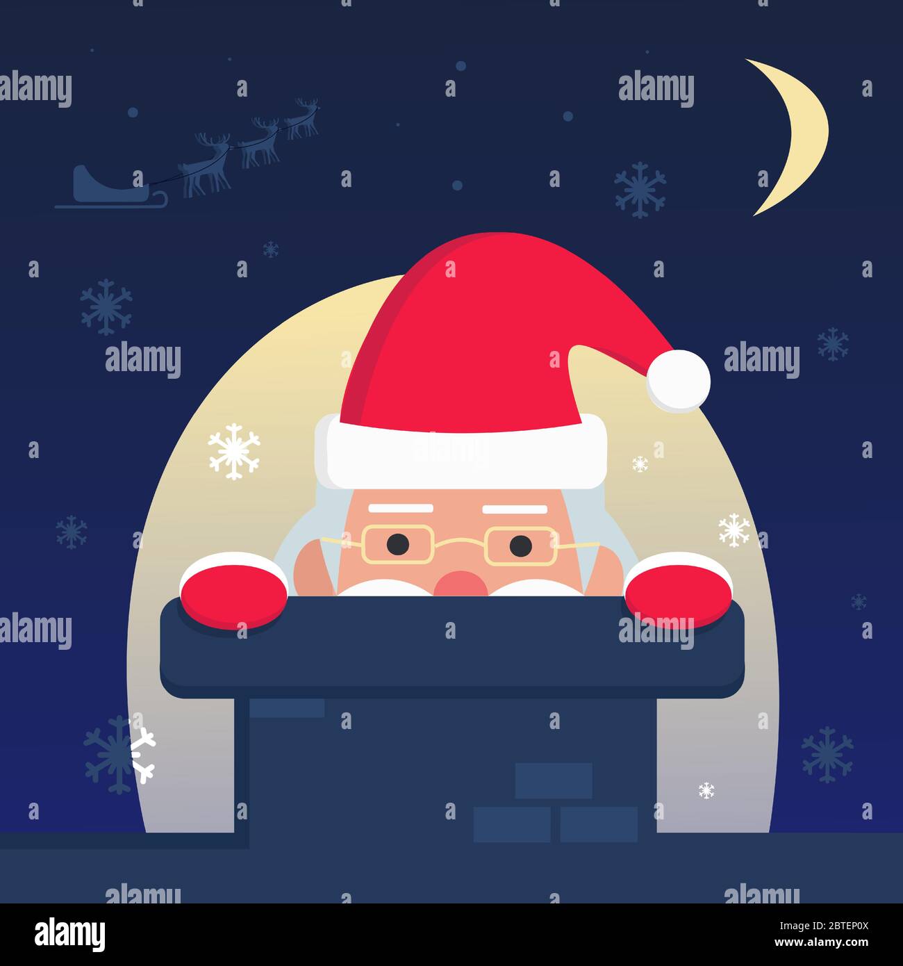 Santa Claus at night crawls out of the pipe. On the background silhouettes of sleigh with deers Stock Vector