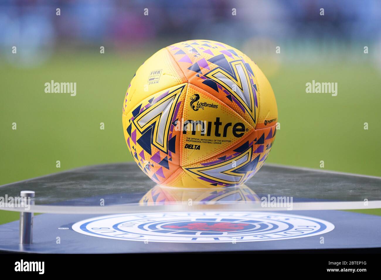 GLASGOW, SCOTLAND - JULY 18, 2019: The official Scottish Premiership match ball pictured prior to the 2nd leg of the 2019/20 UEFA Europa League First Qualifying Round game between Rangers FC (Scotland) and St Joseph's FC (Gibraltar) at Ibrox Park. Stock Photo