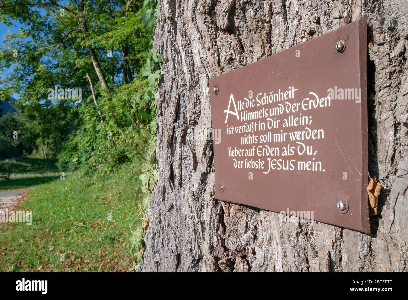 Tafel am Baum in der Nähe der Wallfahrtskirche in Raiten - Schleching Stock  Photo - Alamy