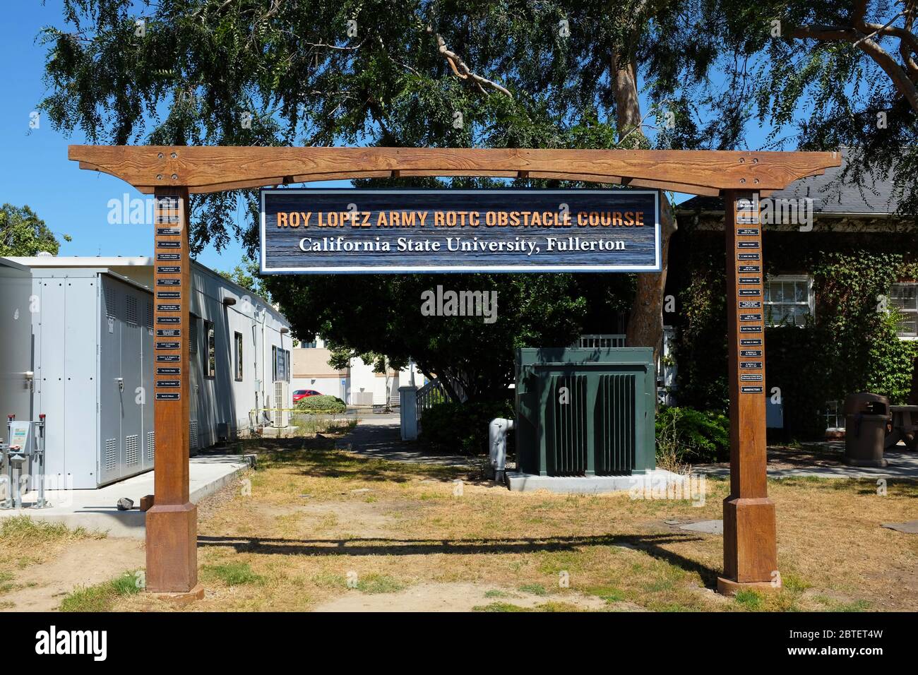 FULLERTON CALIFORNIA - 22 MAY 2020: The Roy Lopez ROTC Obstacle Course sign on the campus of California State University Fullerton, CSUF. Stock Photo