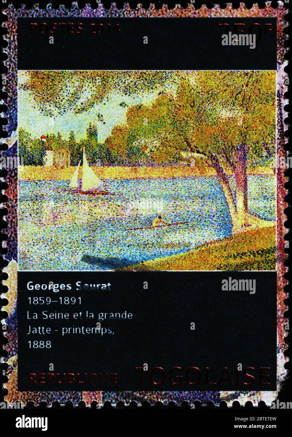 The Seine painted by Georges Seurat on postage stamp Stock Photo