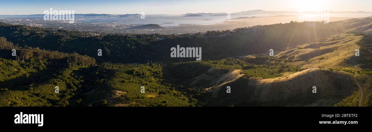 Late afternoon sunlight illuminates the beautiful hills of the East Bay, just east of San Francisco Bay in Northern California. Stock Photo