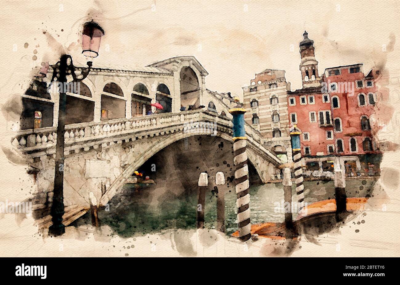 Watercolor Painting From The Rialto Bridge In Venice, Italy Is The Oldest Of The Four Bridges Spanning The Grand Canal Stock Photo - Alamy