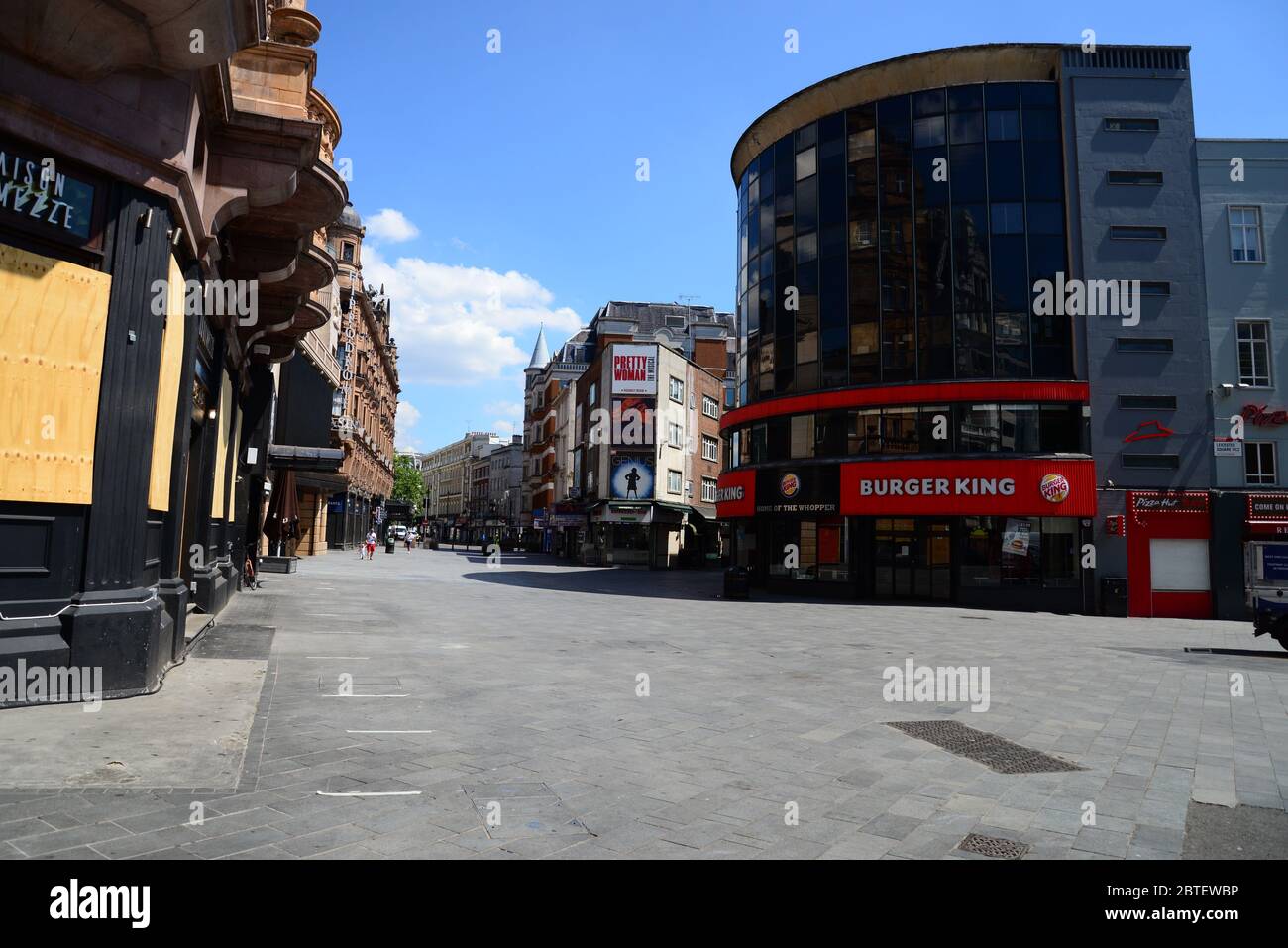 A deserted Leicester Square, London, during the lockdown for the 2020 Coronavirus pandemic Stock Photo