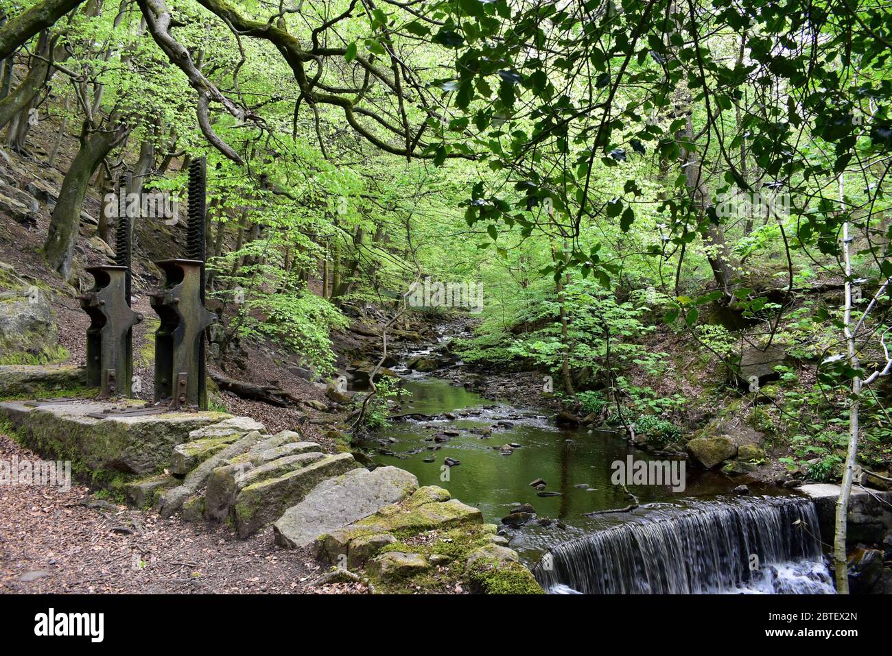 Old sluice gate mechanism at Booth Dean Clough. Stock Photo