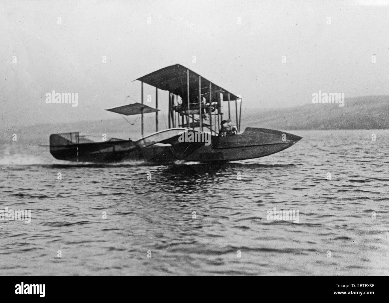 'Fying Boat' produced by Glenn Curtiss, on the surface of Lake Keuka, New York State ca. 1910-1915 Stock Photo