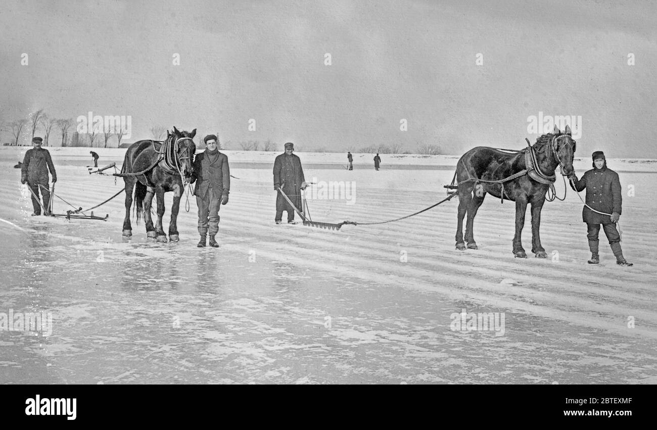 Photo horses pulling ice saws, ice harvesting Hamilton Canada c. 1910s Photo horses pulling ice saws, ice harvesting Hamilton Canada c. 1910s