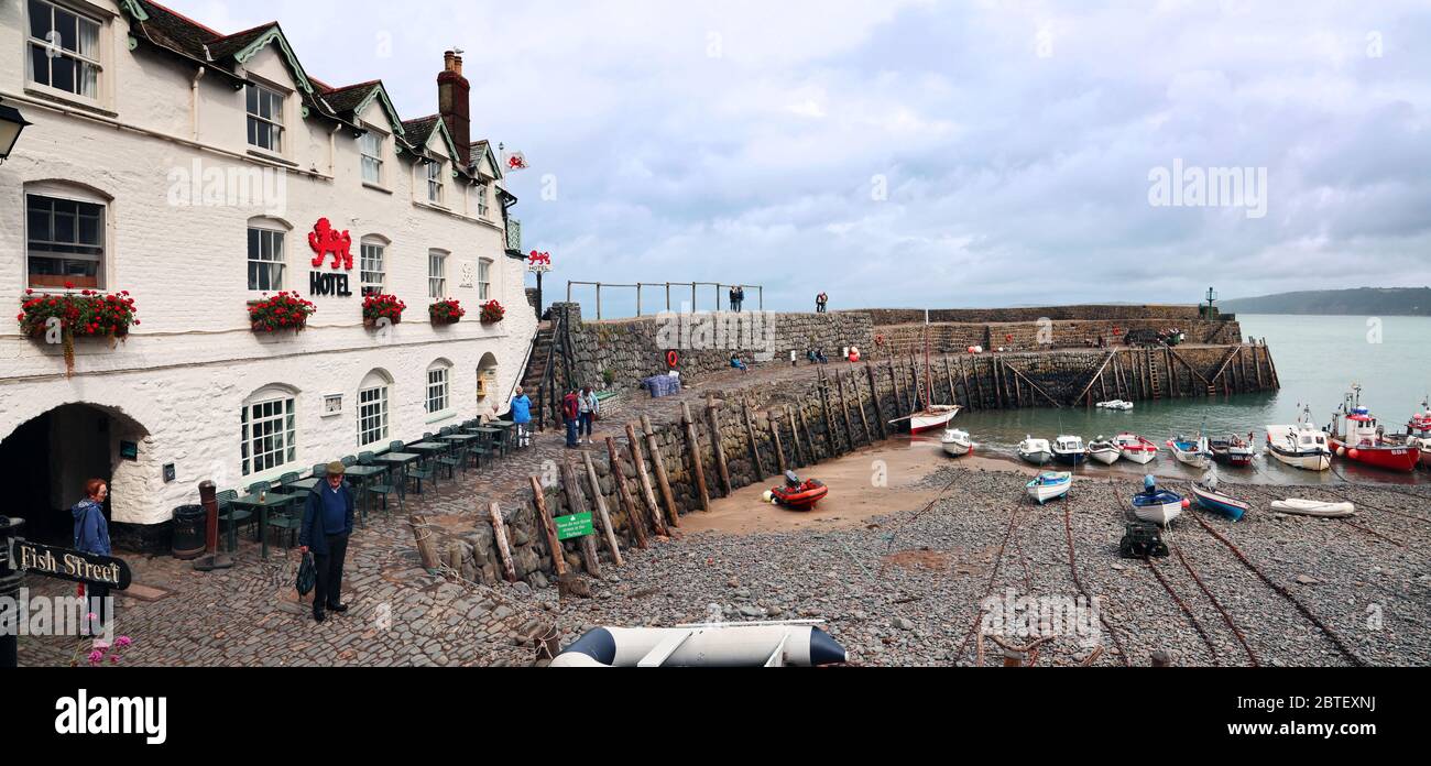 Clovelly, a small harbour and hillside village lost in time on the coast of north Devon Panoramic shot Stock Photo