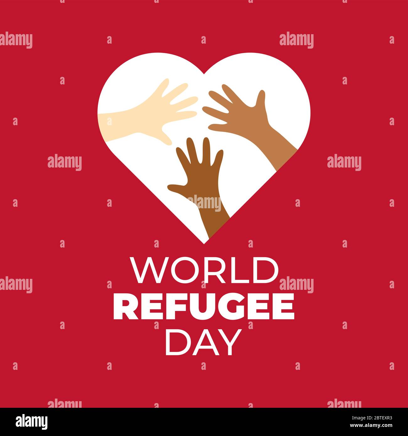 World refugee day campaign poster. Refugee awareness poster template. heart with hands on red background Stock Vector