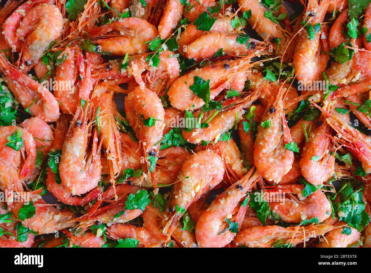 Fresh boiled prawns with coriander. A delicious dish of seafood. Stock Photo