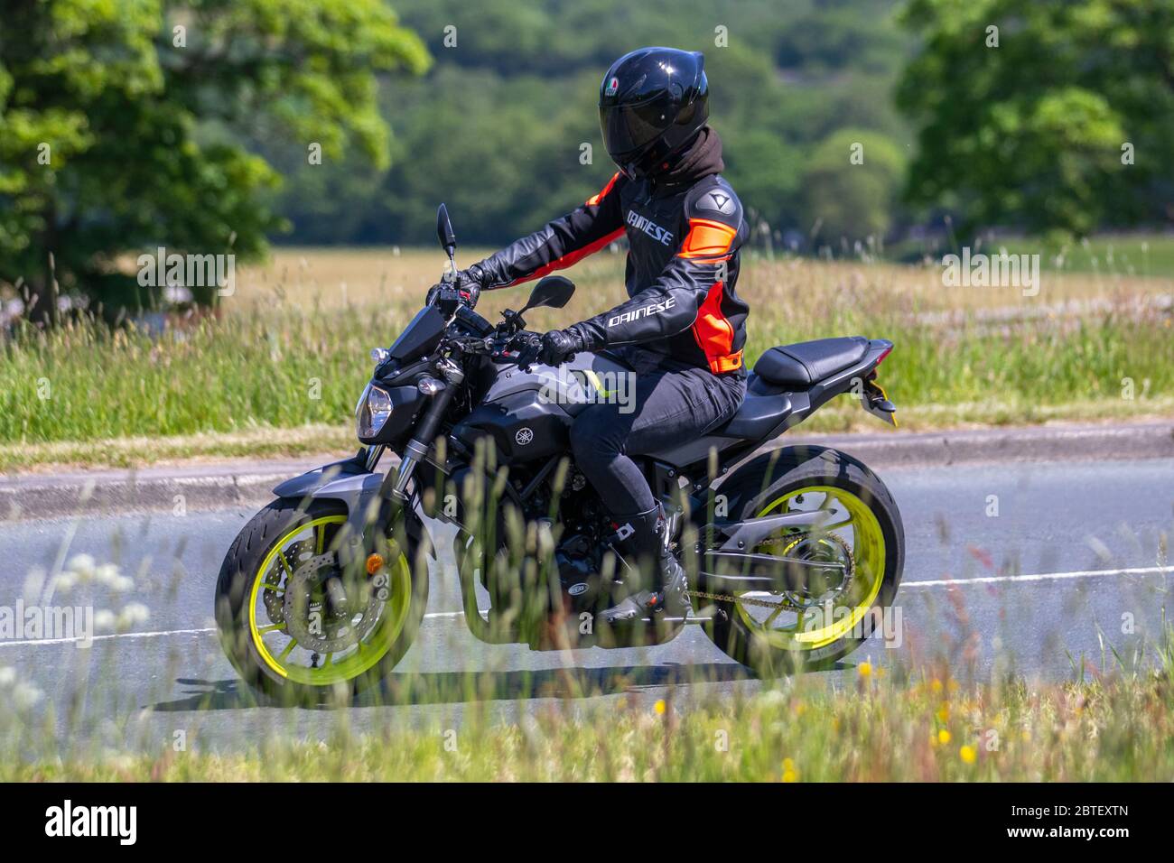 2017 Hyosung GV 125 Aquila Reviews; Motorbike rider; two wheeled transport, motorcycles, vehicle, roads, motorbikes, bike riders motoring in Rivington, UK Stock Photo