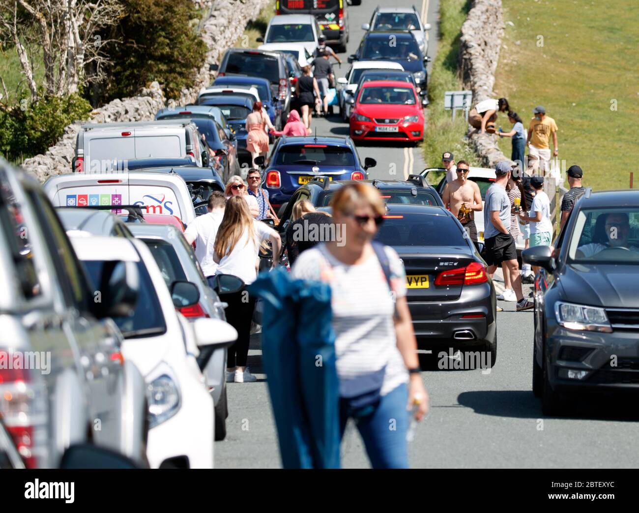 Gridlock stretches on a road in Burnsall in the Yorkshire Dales, as people flock to parks and beaches with lockdown measures eased. Stock Photo