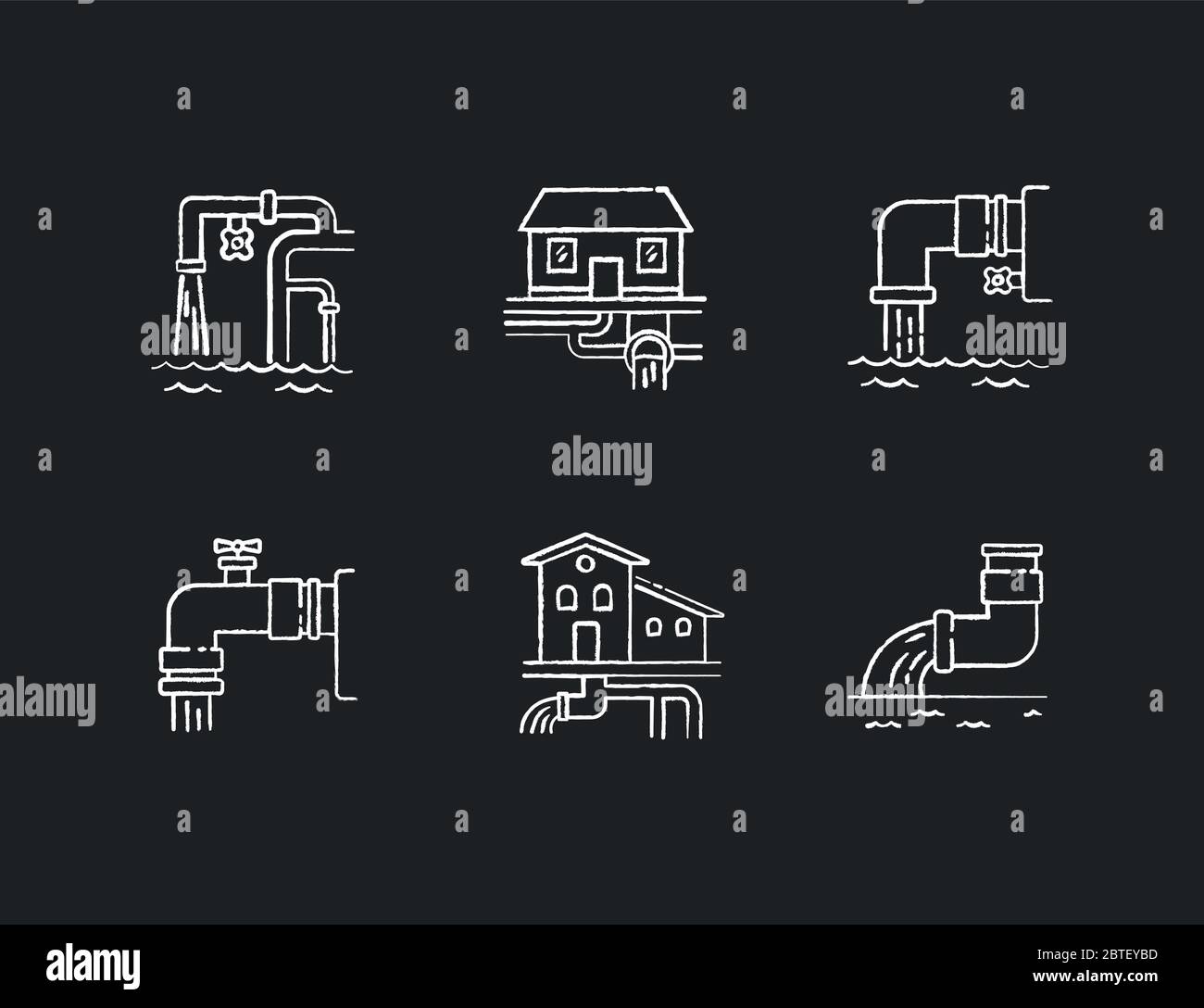 Drainage pipe system chalk white icons set on black background Stock