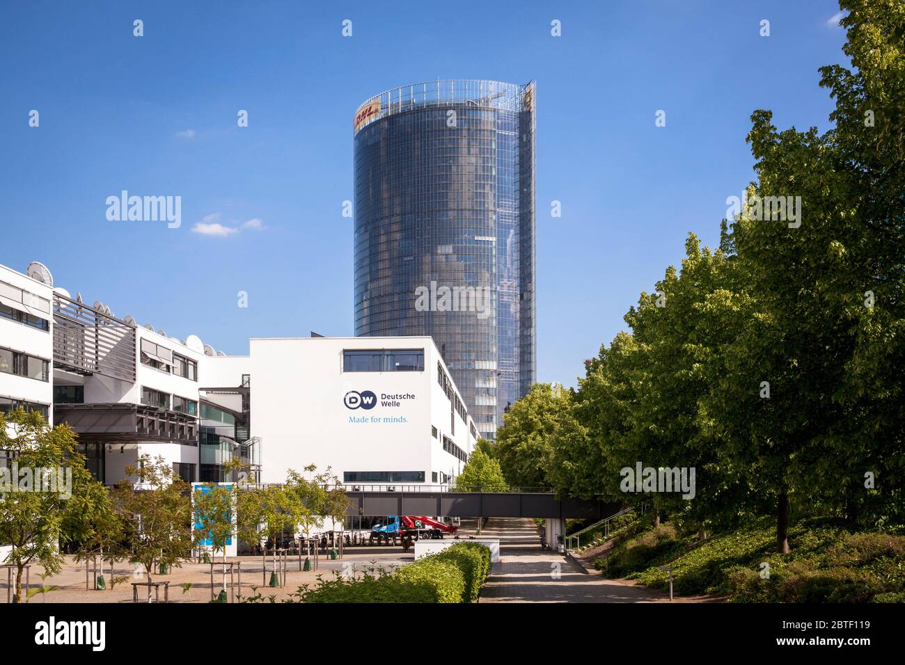 headquarters of the Deutsche Welle and the Post Tower, headquarters of the logistics company Deutsche Post DHL Group, Bonn, North Rhine-Westphalia, Ge Stock Photo