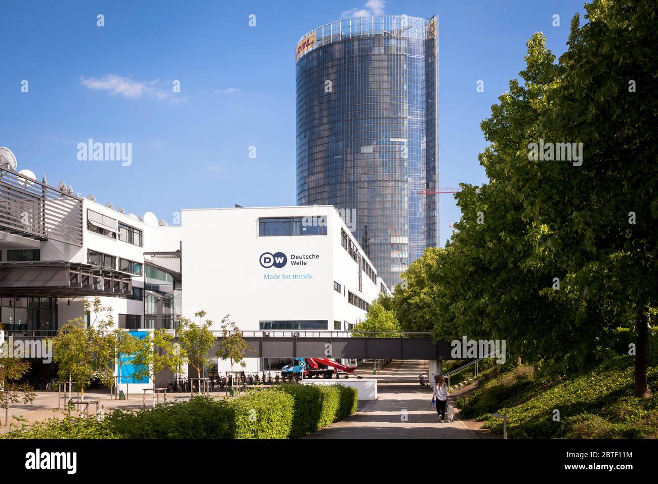 headquarters of the Deutsche Welle and the Post Tower, headquarters of the logistics company Deutsche Post DHL Group, Bonn, North Rhine-Westphalia, Ge Stock Photo