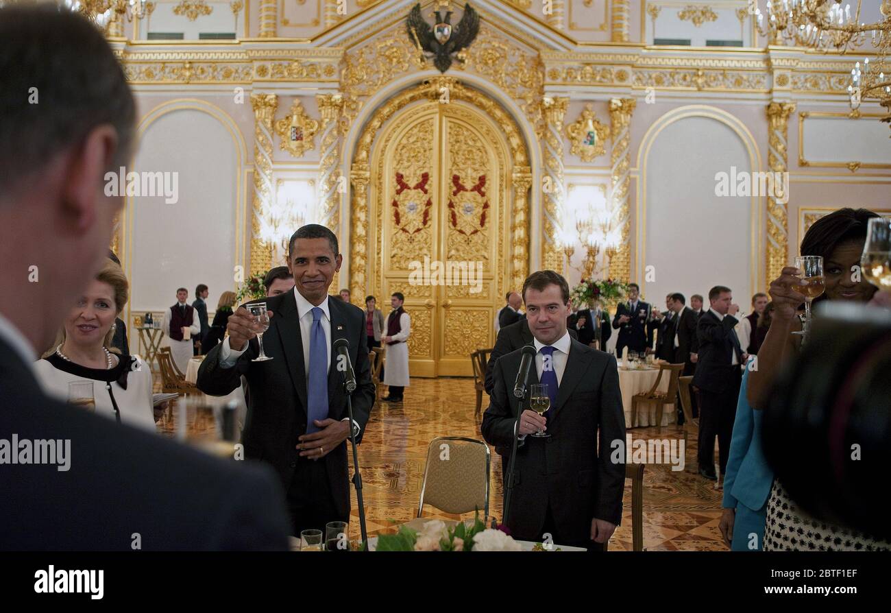 President Barack Obama and First Lady Michelle Obama attend a reception in the Kremlin with Russian President Dimitry Medvedev, his wife Svetlana Medvedeva, and the Russian Orthodox Patriarch Moscow, Russia, July 7, 2009 Stock Photo