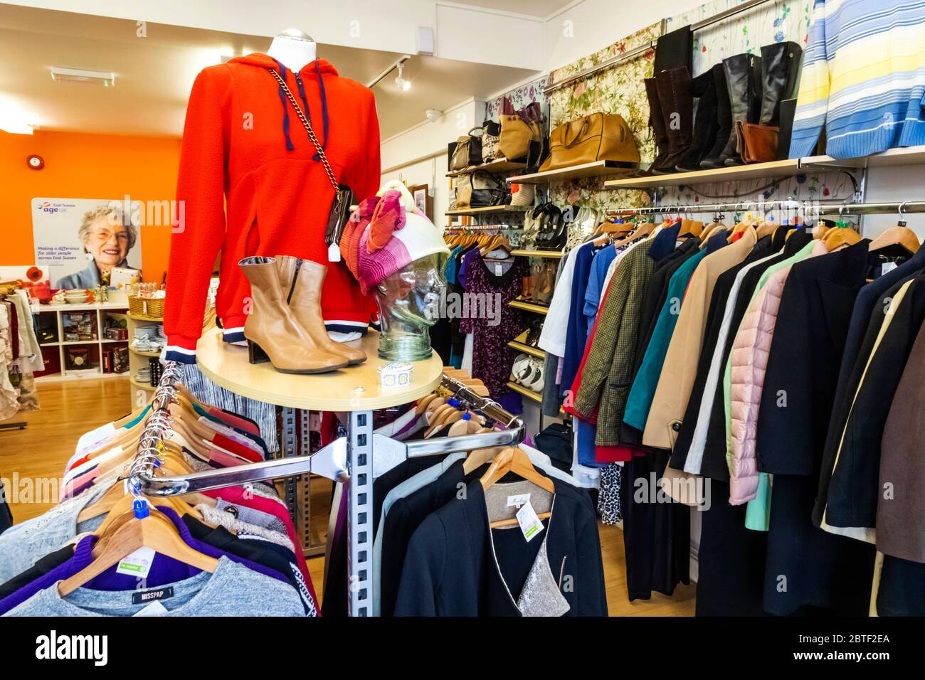 England, East Sussex, Lewes, Age UK Charity Shop Interior, Display of