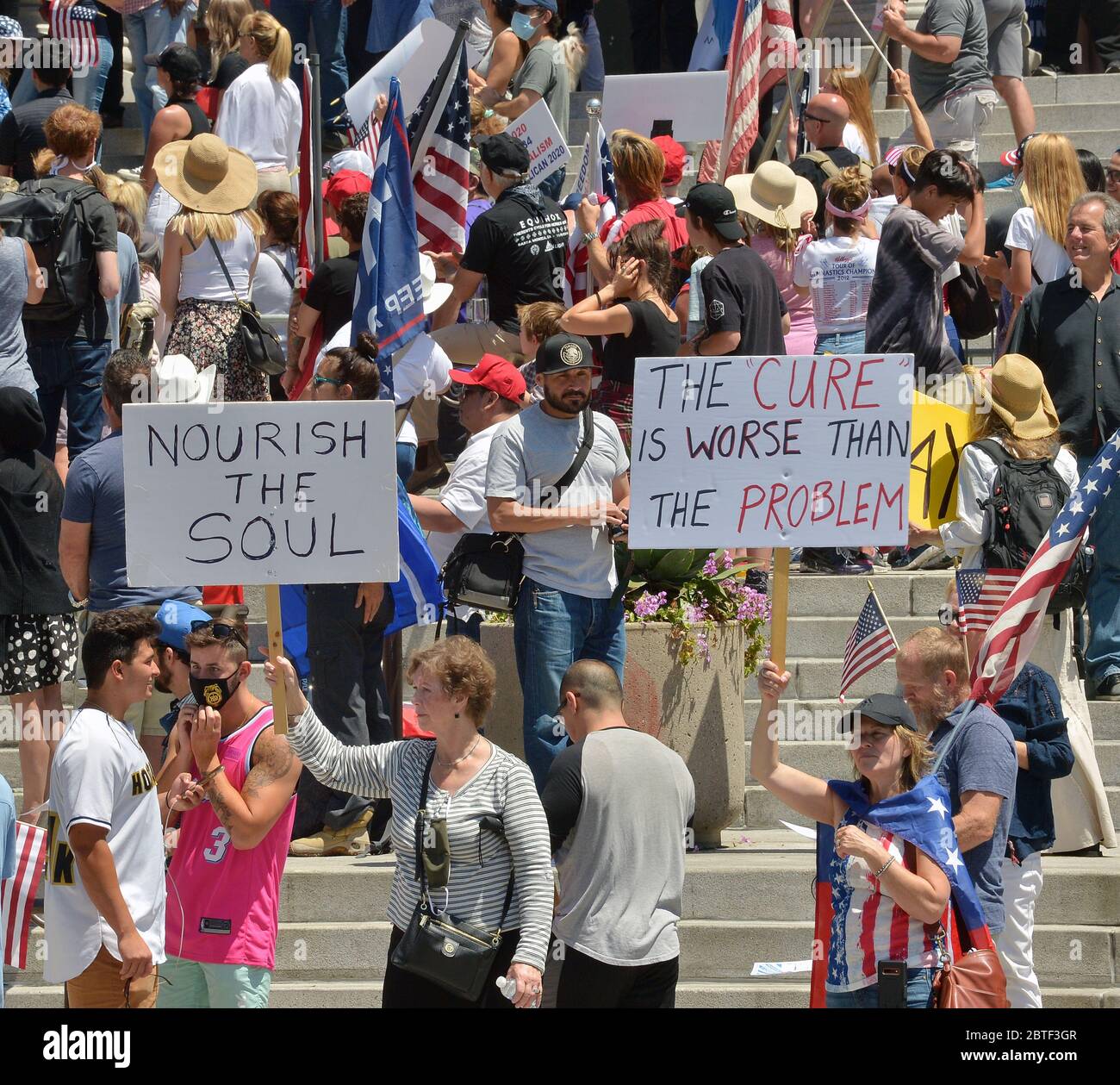 Los Angeles, United States. 25th May, 2020. Hundreds of President Trump supporters hold a 'Freedom Rally' calling to 'open California' on the steps of City Hall in Los Angeles on Sunday, May 24, 2020. Officials have said the lockdowns are needed to reduce the spread of the coronavirus. Photo by Jim Ruymen/UPI Credit: UPI/Alamy Live News Stock Photo