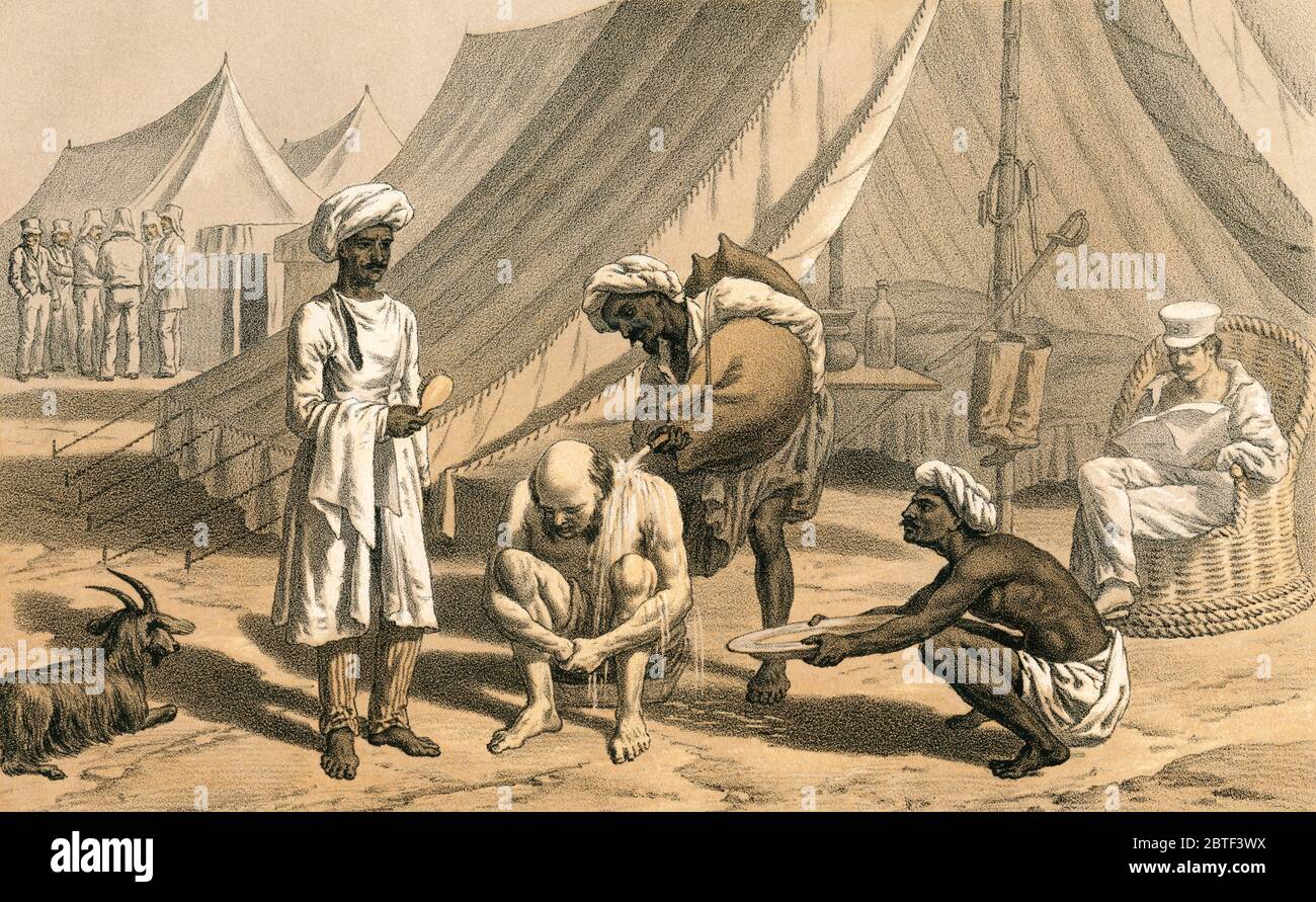 A British soldier having his daily bath or musshach, so called after the skin in which the water is carried.  From Recollections of a Winter Campaign in India, 1857-58, published 1869. Stock Photo