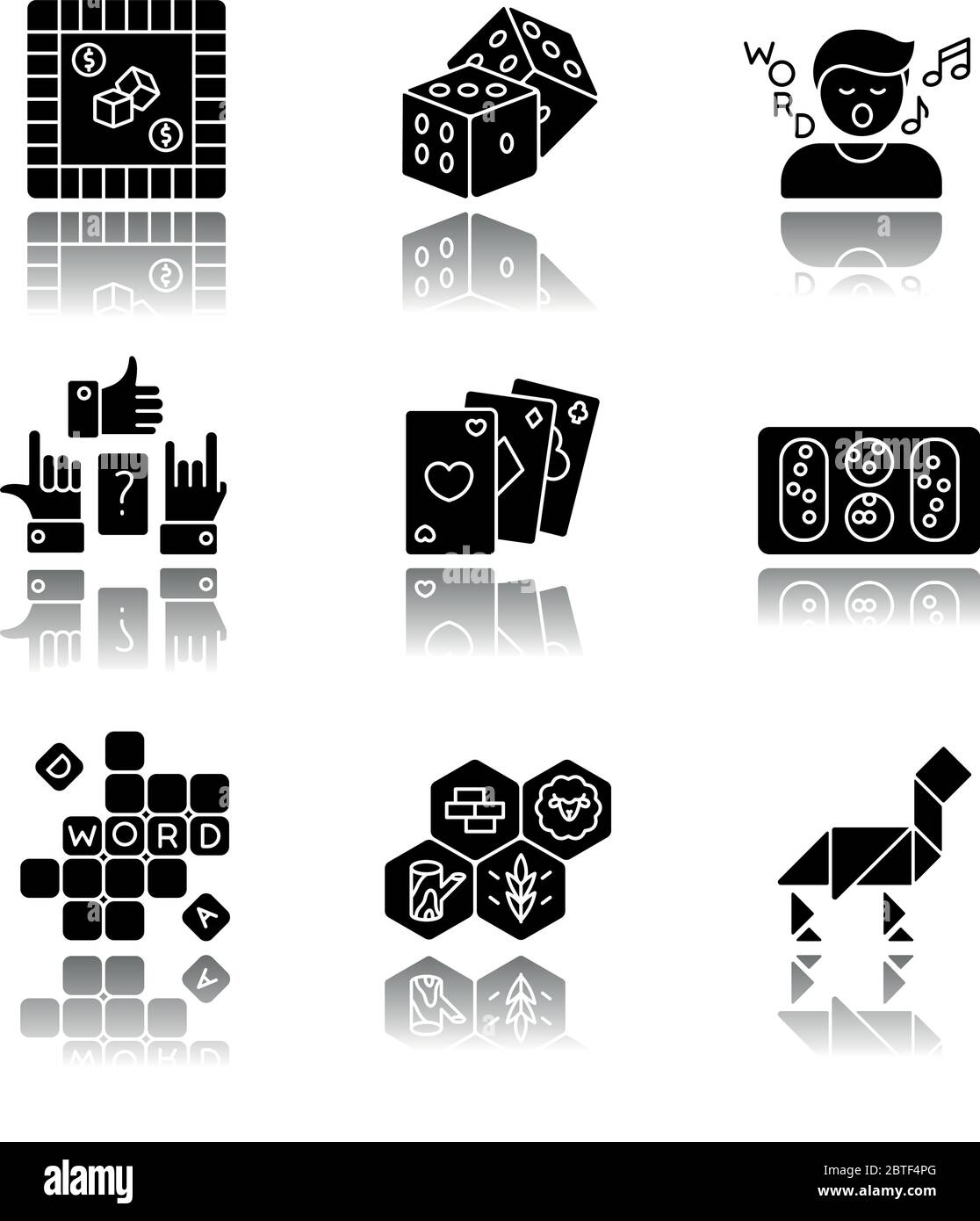 Entertaining games drop shadow black glyph icons set Stock Vector