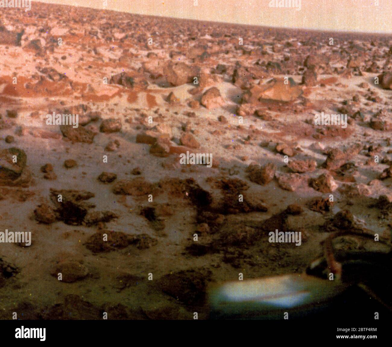 View of ice on Martian surface at Utopia Planitia, Landing Site of Viking 2. The Viking 2 Lander took this photo on May 18, 1979, and relayed it to Earth via the Viking Orbiter 1 on June 07, 1979. Stock Photo