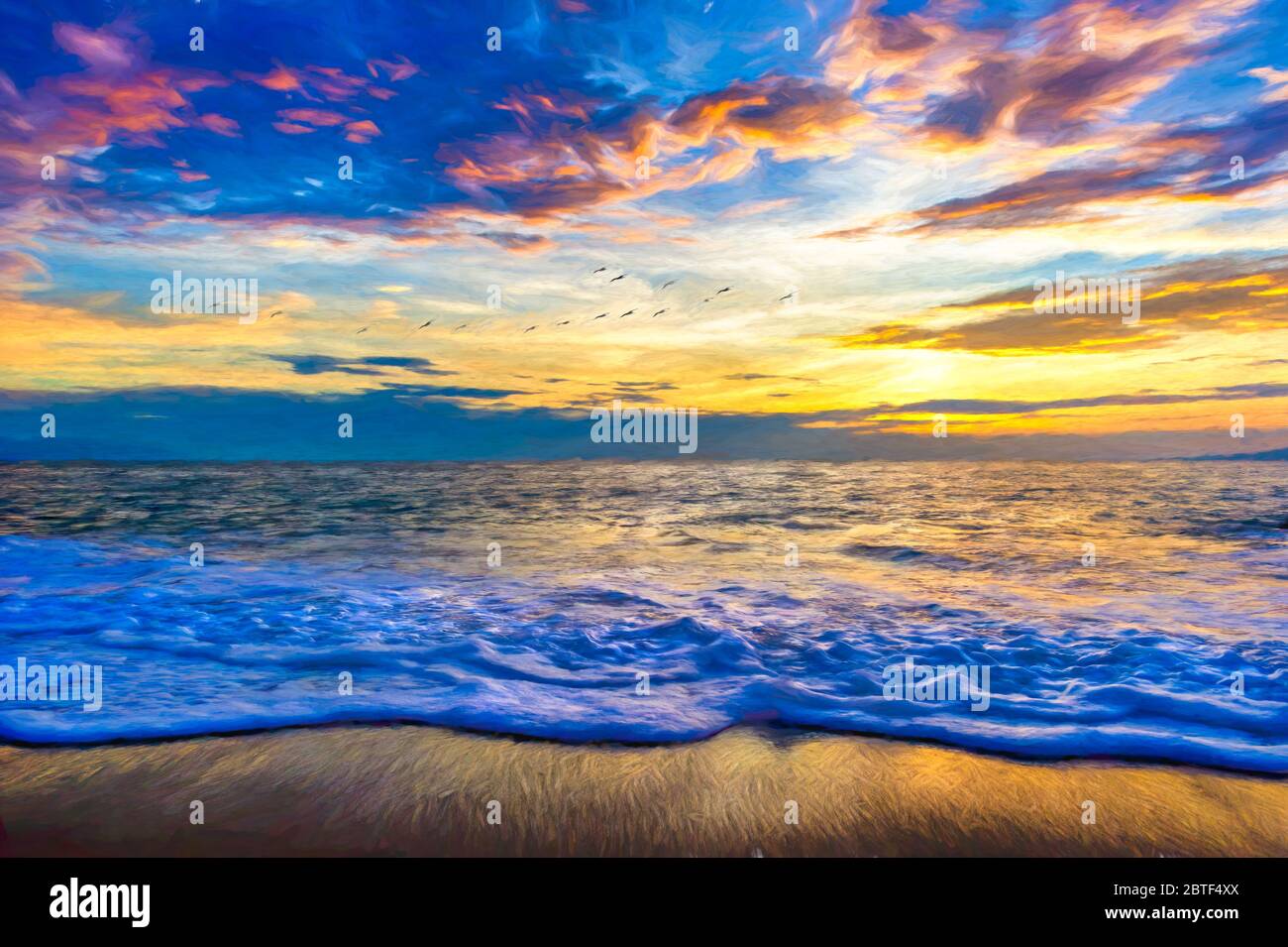 A Colorful Ocean Sunset Landscape as a Wave Comes to the Beach Shore Stock Photo