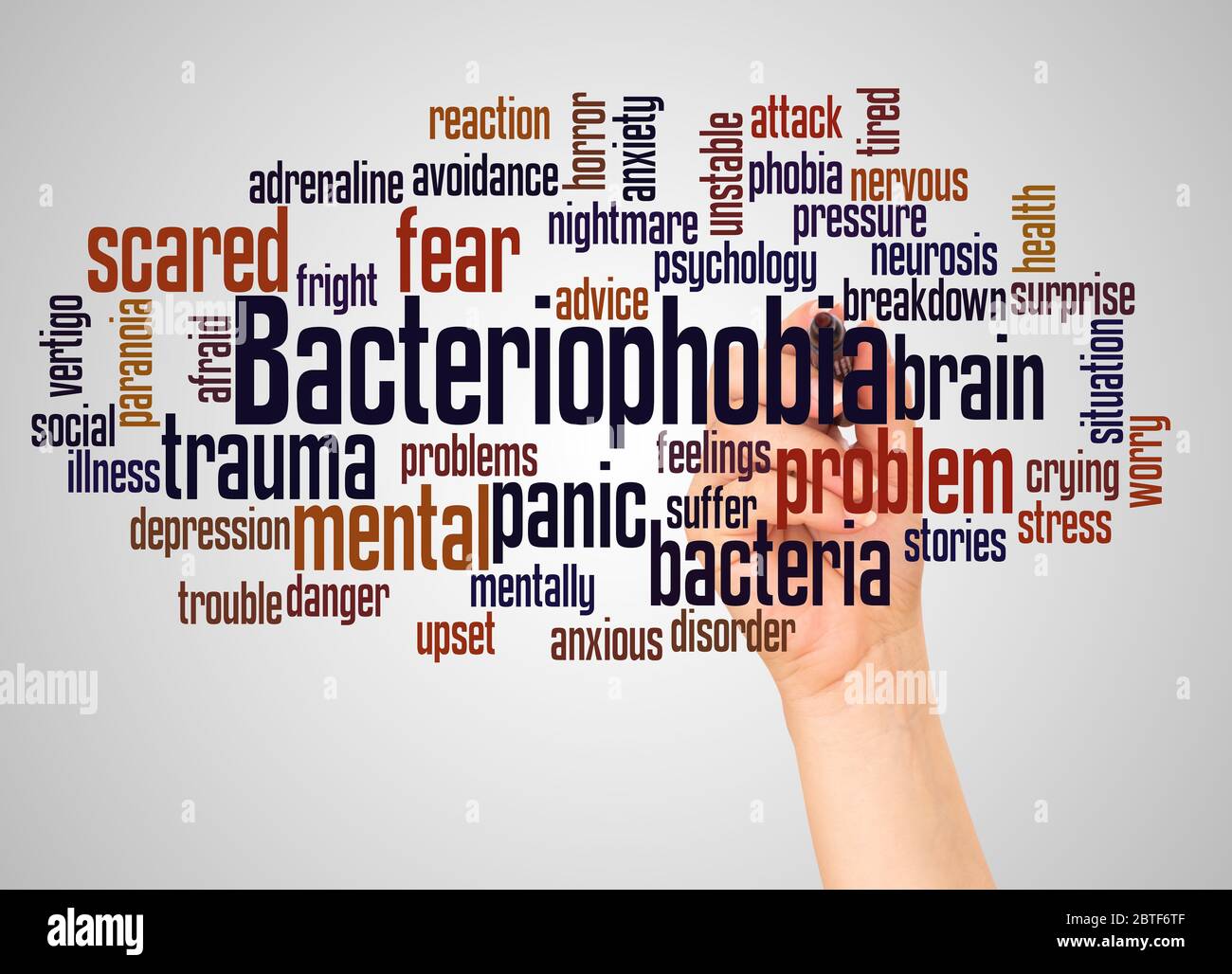 Bacteriophobia fear of bacteria word cloud and hand with marker concept on white background