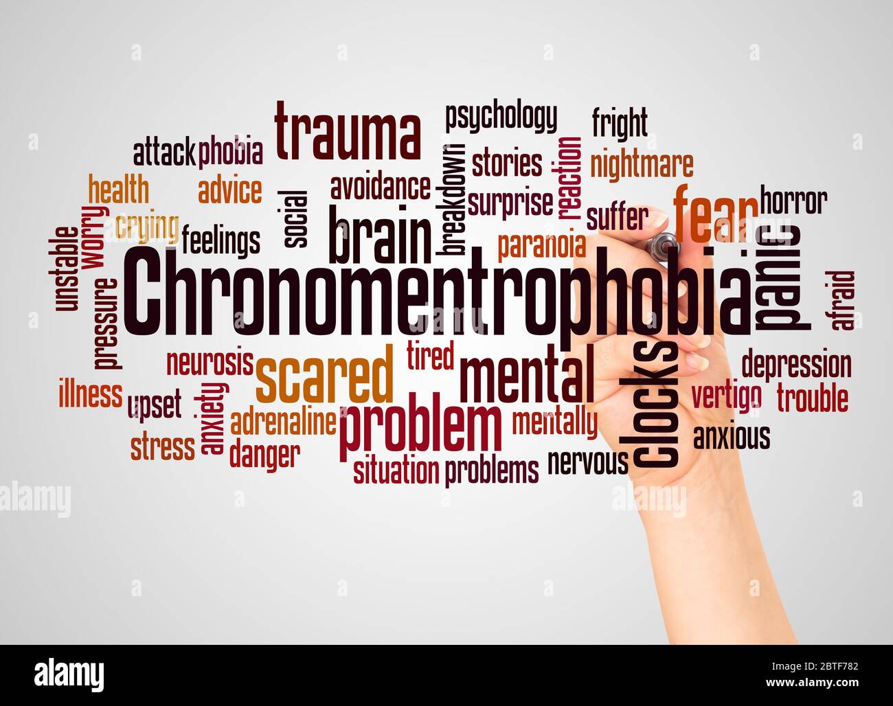 Chronomentrophobia fear of clocks word cloud and hand with marker