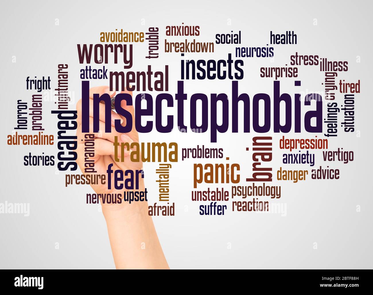 Insectophobia fear of insects word cloud and hand with marker concept