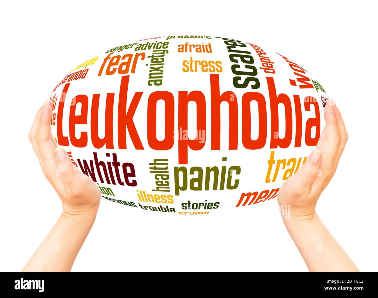 Leukophobia fear of the color white word hand sphere cloud concept on white background. Stock Photo