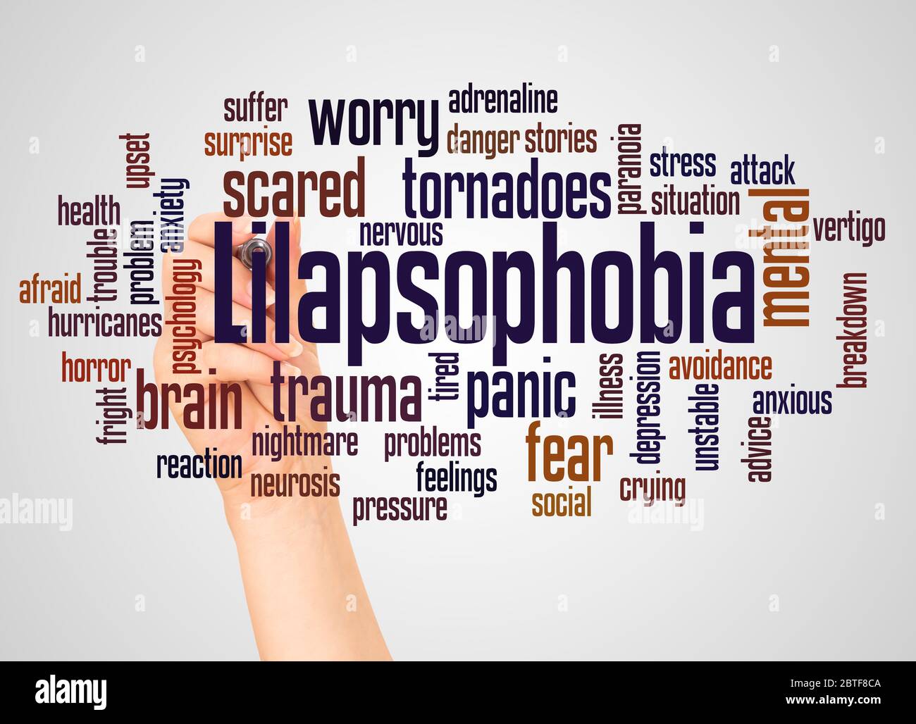 Lilapsophobia fear of tornadoes and hurricanes word cloud and hand with marker concept on white