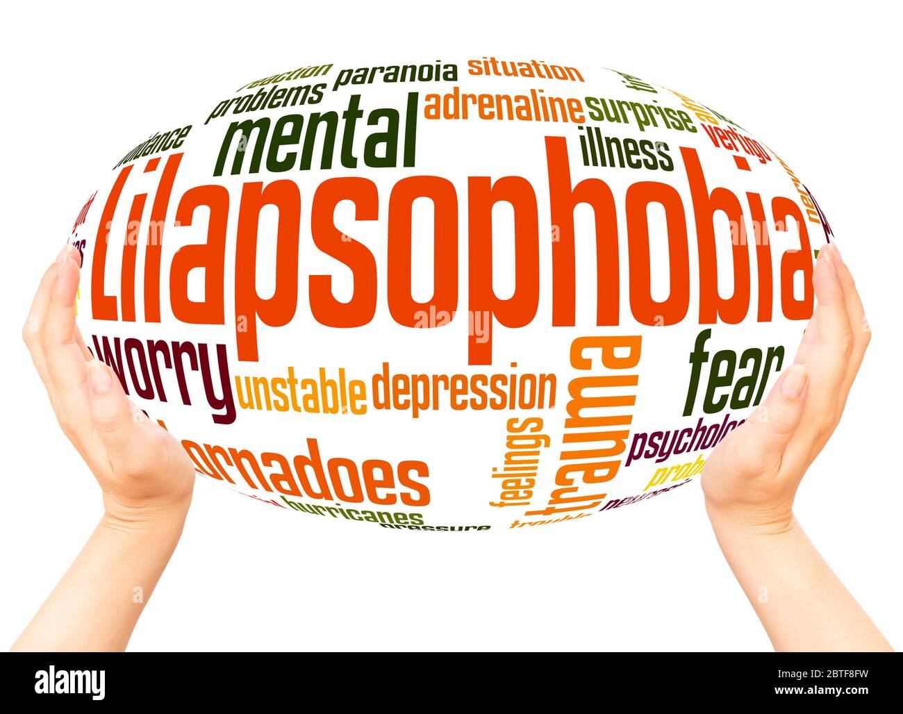 Lilapsophobia fear of tornadoes and hurricanes word hand sphere cloud concept on white