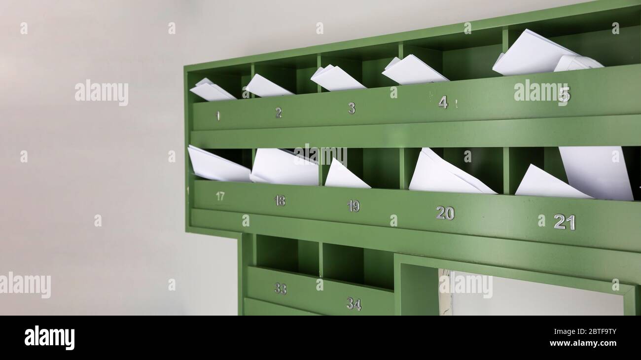 wooden Mailbox on condominium , Resident, apartment service. Letter box . Stock Photo