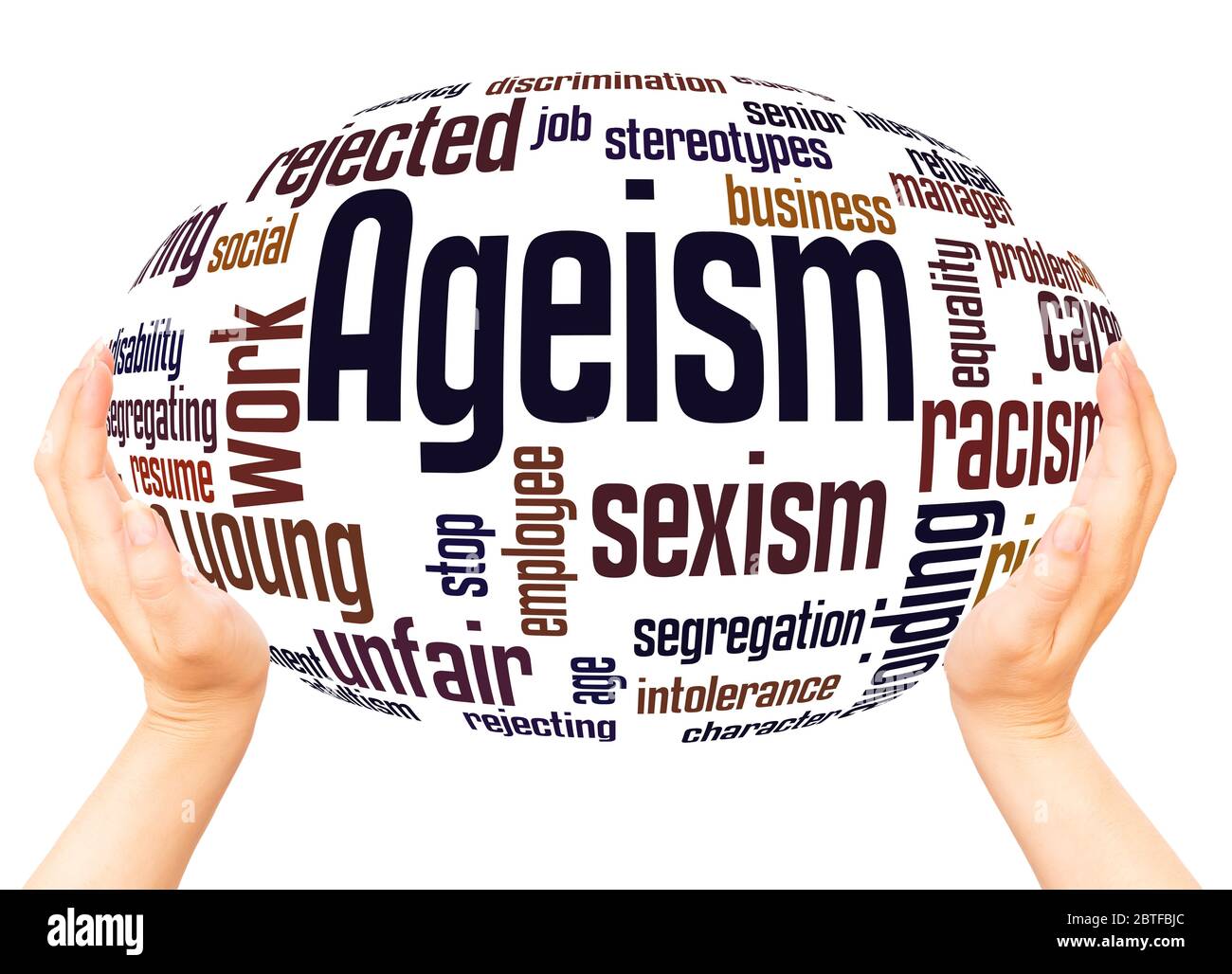 Ageism word hand sphere cloud concept on white background. Stock Photo