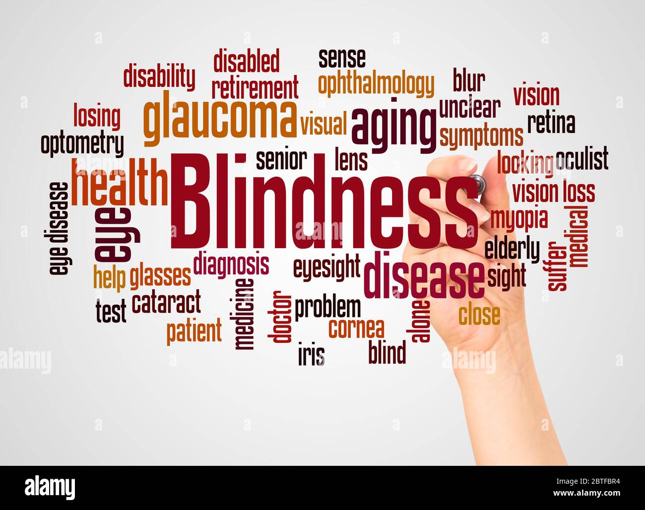 Blindness word cloud and hand with marker concept on white background