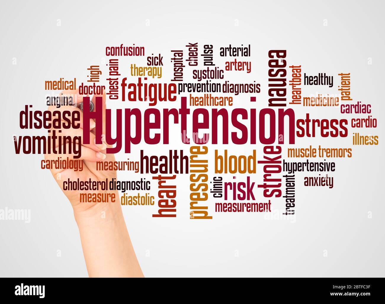Hypertension word cloud and hand with marker concept on white background. Stock Photo