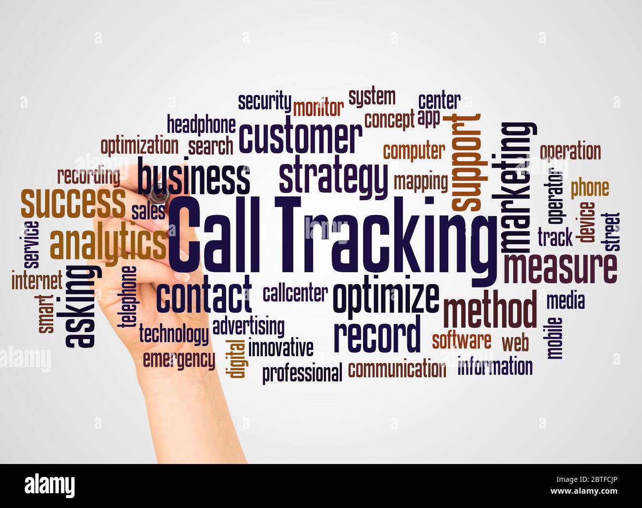 Call Tracking (marketing technology) word cloud and hand with marker