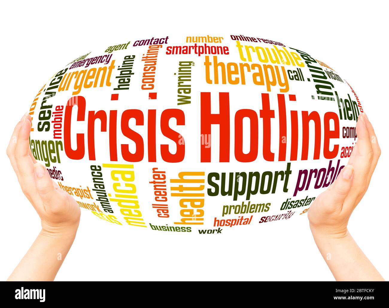 Crisis hotline word hand sphere cloud concept on white background. Stock Photo