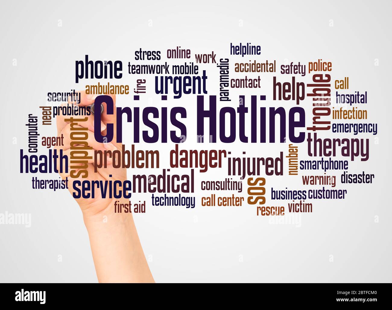 Crisis hotline word cloud and hand with marker concept on white ...