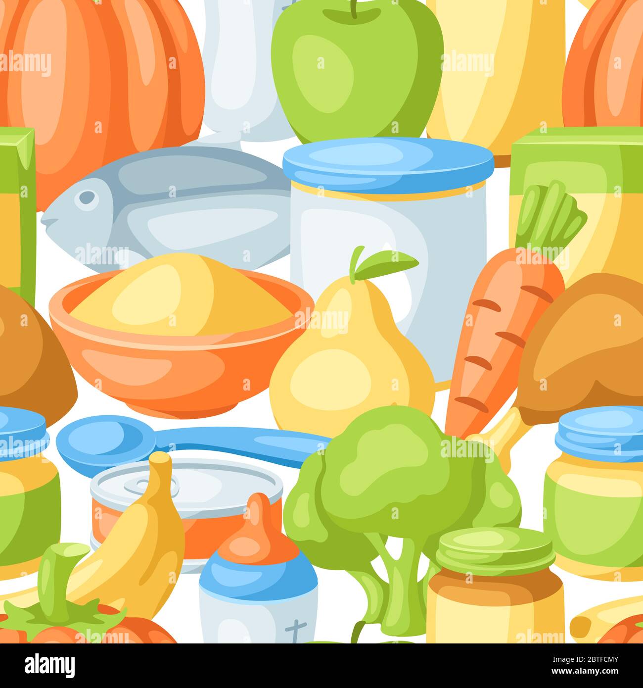 Seamless pattern with baby food items. Stock Vector