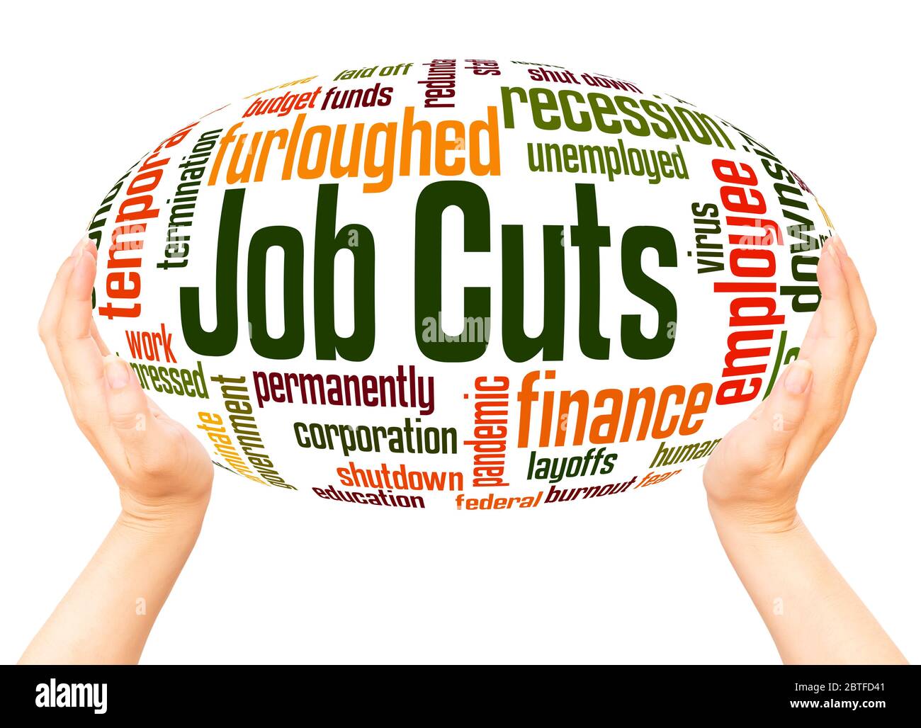 Job cuts word hand sphere cloud concept on white background Stock Photo