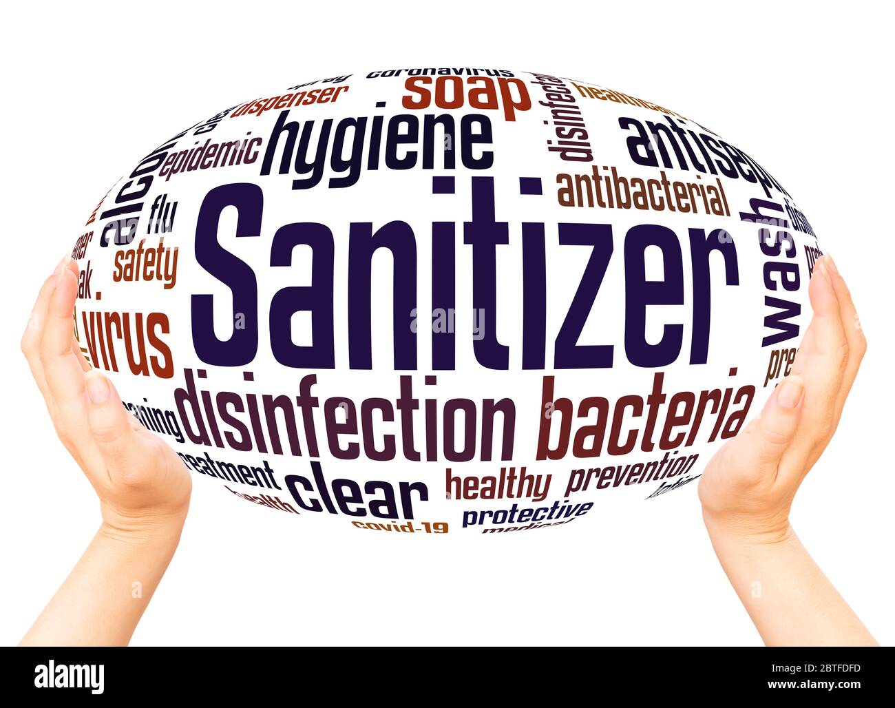 Sanitizer word hand sphere cloud concept on white background. Stock Photo