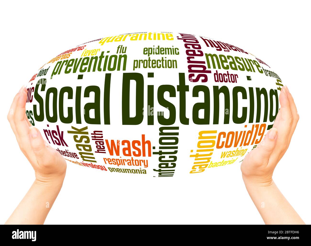 Social distancing word hand sphere cloud concept on white background. Stock Photo