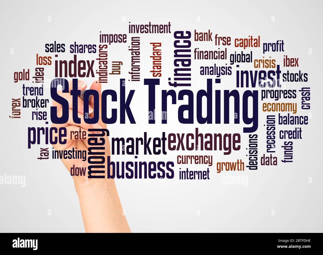 Stock trading word cloud and hand with marker concept on white ...