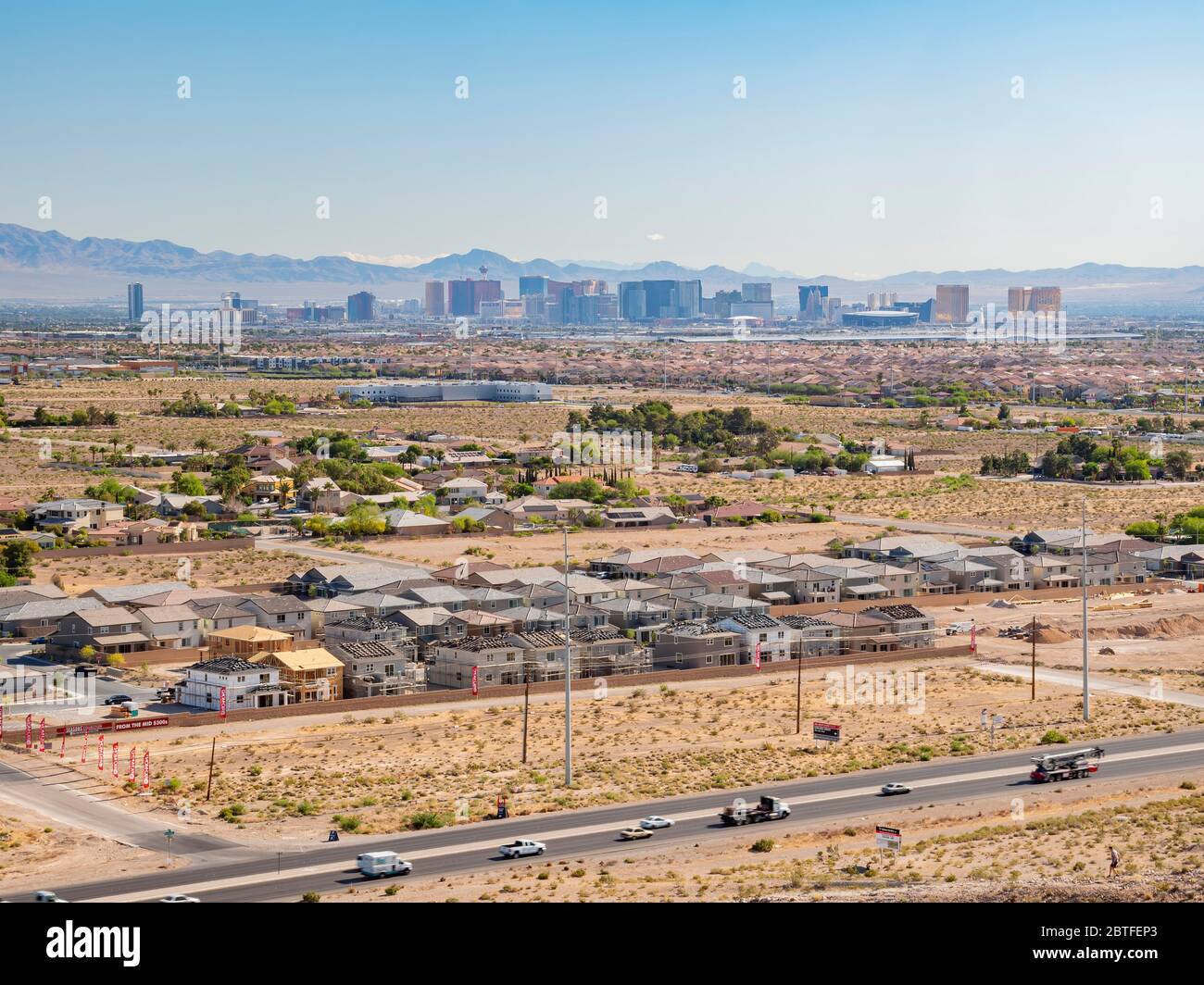 Afternoon high angle view of the Las Vegas Strip skyline and cityscape from Exploration Peak at 