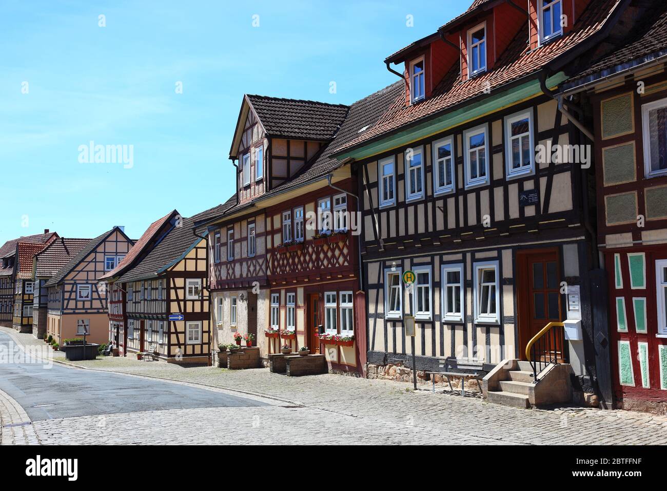 Second smallest city in Germany, Ummerstadt in the district of Hildburghausen, road train in the old town, half-timbered houses, Thuringia, Germany  / Stock Photo