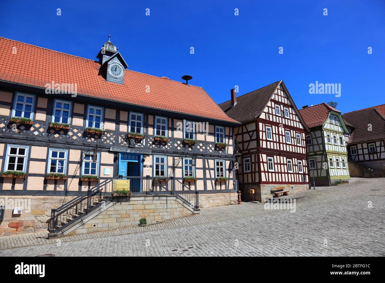 Second smallest city in Germany, Ummerstadt in the district of Hildburghausen, Marktplatz with the historic Town Hall, built in 1558, half-timbered ho Stock Photo