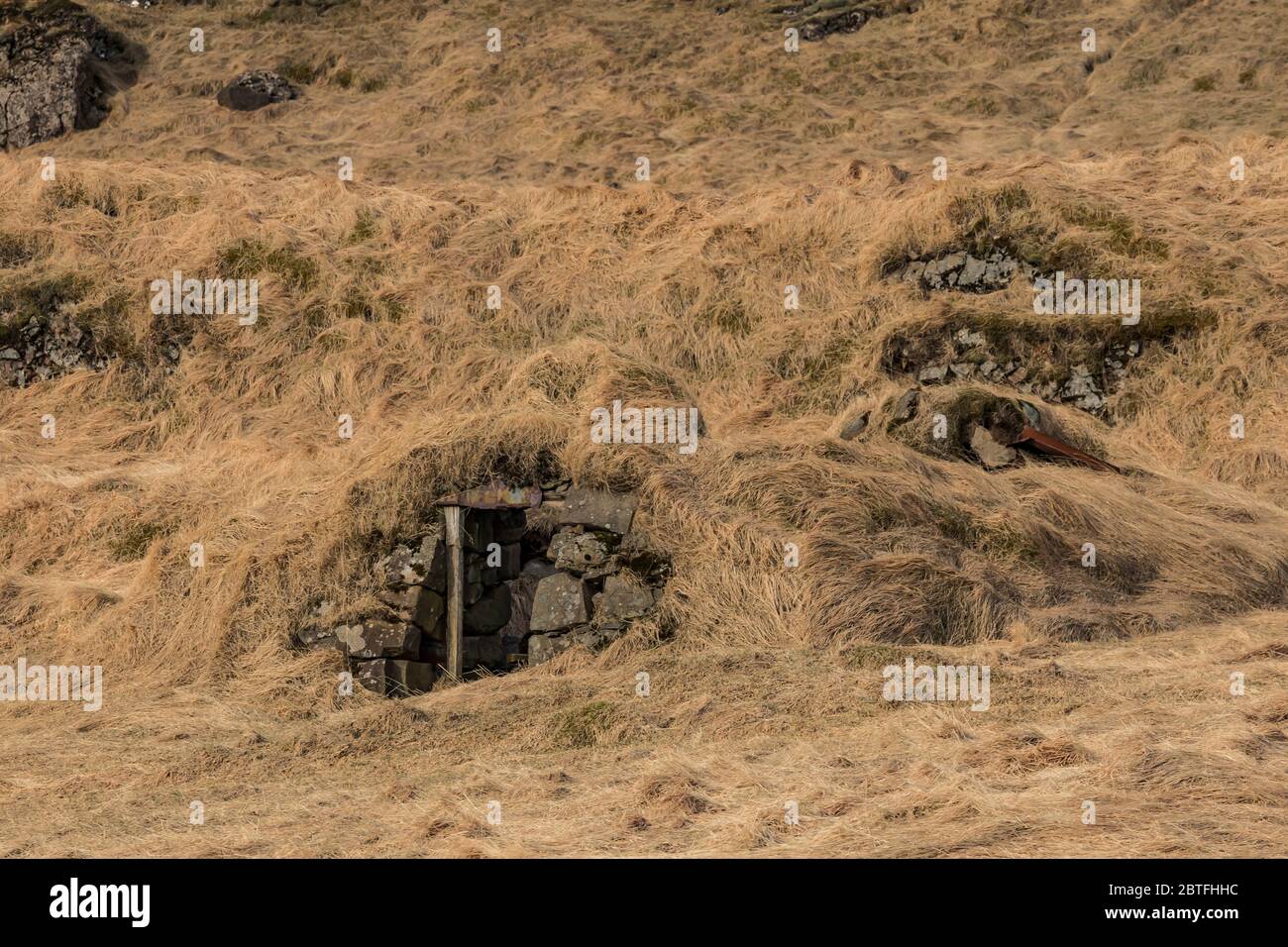 Old and abandoned traditional dugout turf farm structure along the South Coast of Iceland [No property release; available for editorial licensing only Stock Photo