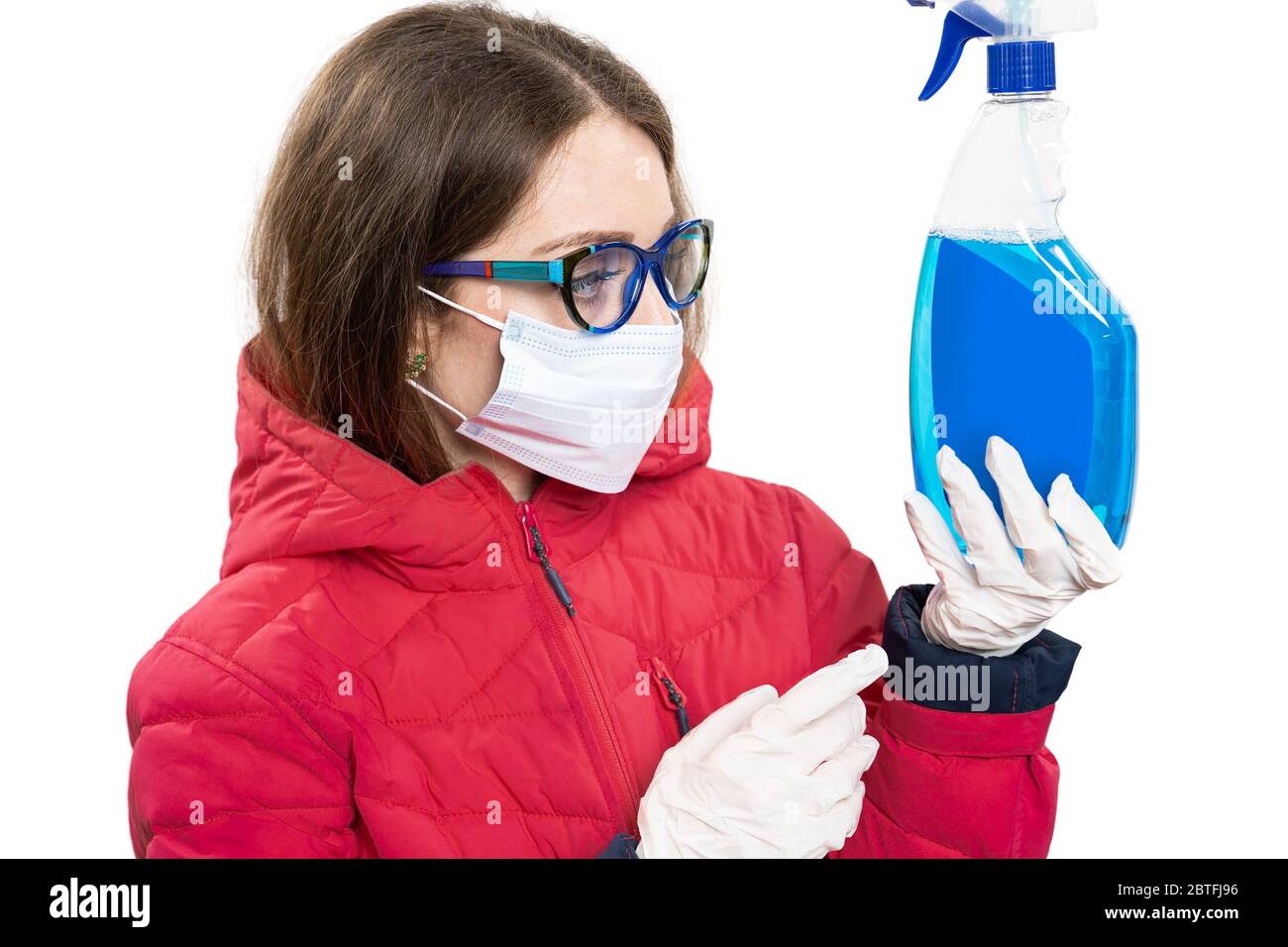 The girl with medical mask and sanitizer Stock Photo - Alamy