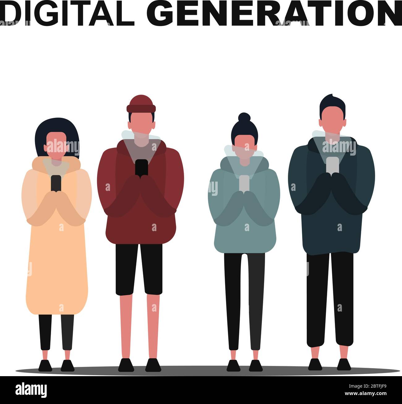 Digital generation. Group of teenagers stuck in mobile phones on white background, vector illustration in flat style Stock Vector